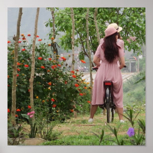 Affiche holiday, young asian girl in dress on the bike
