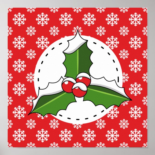Affiche Holly Berry on Red White Snowflakes (Devant)