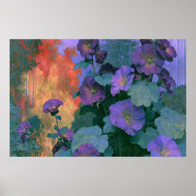 Affiche Hollyhocks dans un impressionnisme violet audacieu (Devant)