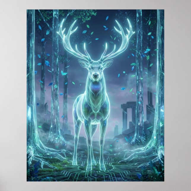 Affiche Hologramme Cerf Forêt Électrique (Devant)