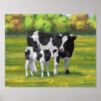 Holstein Cow & Cute Calf in Summer Pasture