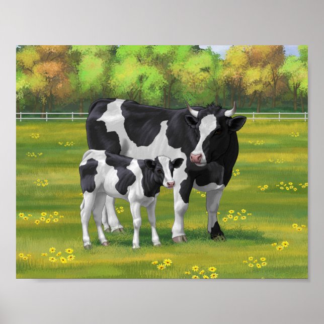 Affiche Holstein Cow & Cute Calf in Summer Pasture (Devant)