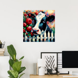 Affiche Holstein Picket de vache clôture Roses rouges Noir