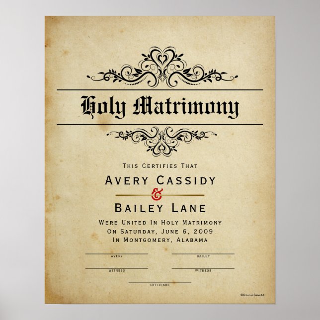 Affiche "Holy Matrimony" Antique Wedding Certificate (Devant)