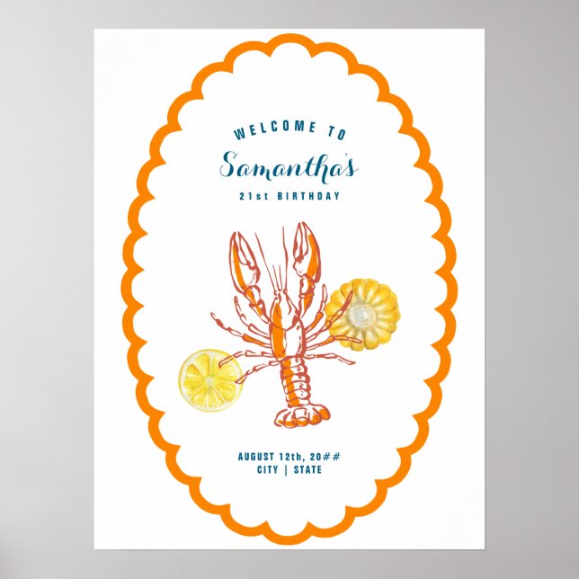 Affiche Homard grillé BBQ Fruits de mer Bienvenue à la fêt (Devant)