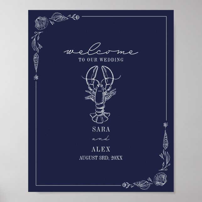 Affiche Homard rustique Bleu foncé Plage Mariage Bienvenue (Devant)