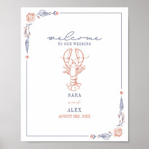 Affiche Homard rustique Rouge & Blue Beach Mariage Bienven