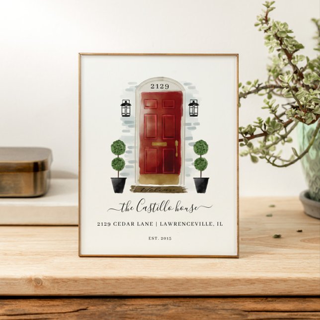 Affiche Home Sweet Home Famille Rouge Aquarelle Porte de f (Home Sweet Home Family Red Watercolor Family Door Poster)