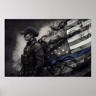Affiche Hommage à la police féminine Drapeau américain Blu