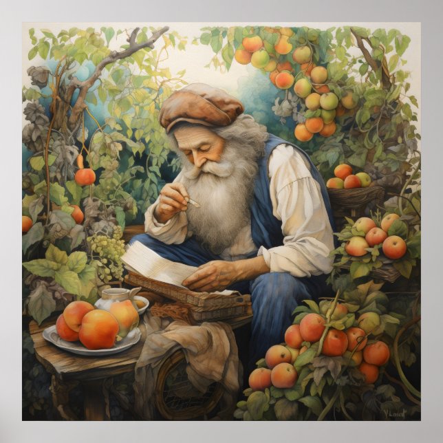 Affiche Homme avec barbe grise lecture dans son jardin de  (Devant)