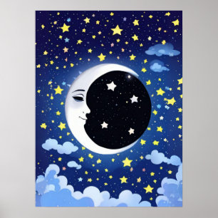 Affiche Homme dans la Lune sur un fond étoilé