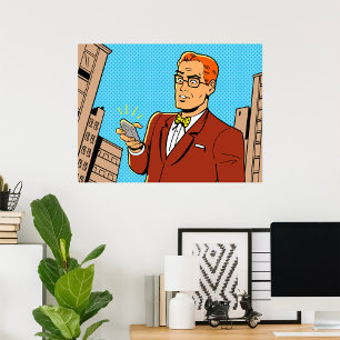 Affiche Homme de style BD regardant un téléphone mobile