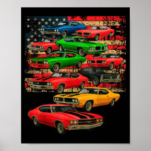 Affiche Homme de voiture classique muscle drapeau américai