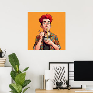 Affiche Homme drôle unique Manger ses nouilles heureux Ora