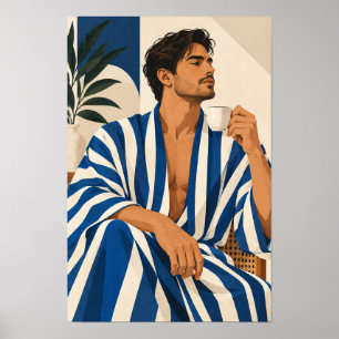 Affiche Homme élégant avec café bleu rayé A moderne de mur