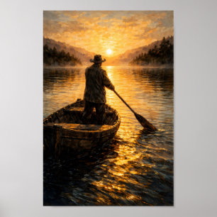 Affiche Homme en barque paysage de coucher de soleil peint