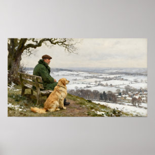 Affiche Homme et chien profitant de la vue sur la campagne
