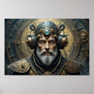 Affiche Homme futuriste, armure steampunk et casque psyché