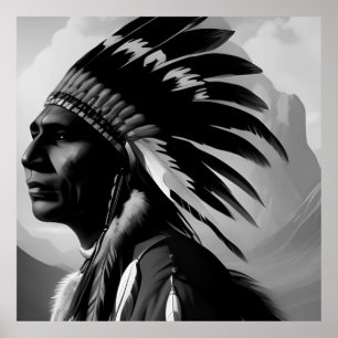 Affiche Homme Indien Amérindien Noir Blanc Monochrome
