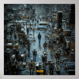 Affiche Homme marchant à travers un paysage urbain robotiq