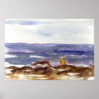 Affiche Homme Plage Océan Pacifique Rivage Rocheux Aquarel