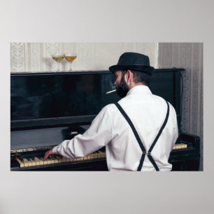 Affiche Homme rétro jouant du piano et fumant