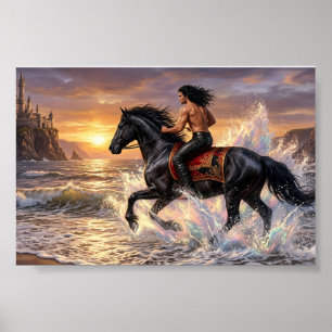 Affiche Homme rêveur à cheval sur la plage au coucher du s