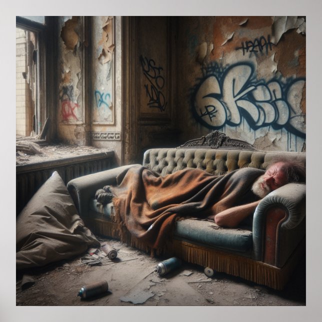 Affiche Homme sans abri faisant la sieste dans un bâtiment (Devant)
