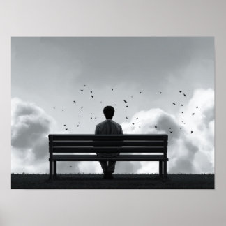 Affiche Homme Solitaire sur un Banc Regardant les Oiseaux 