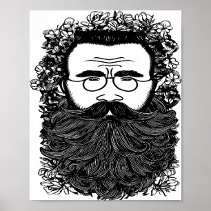 Affiche Homme Whimsical Beard Mustache Fleurs Art