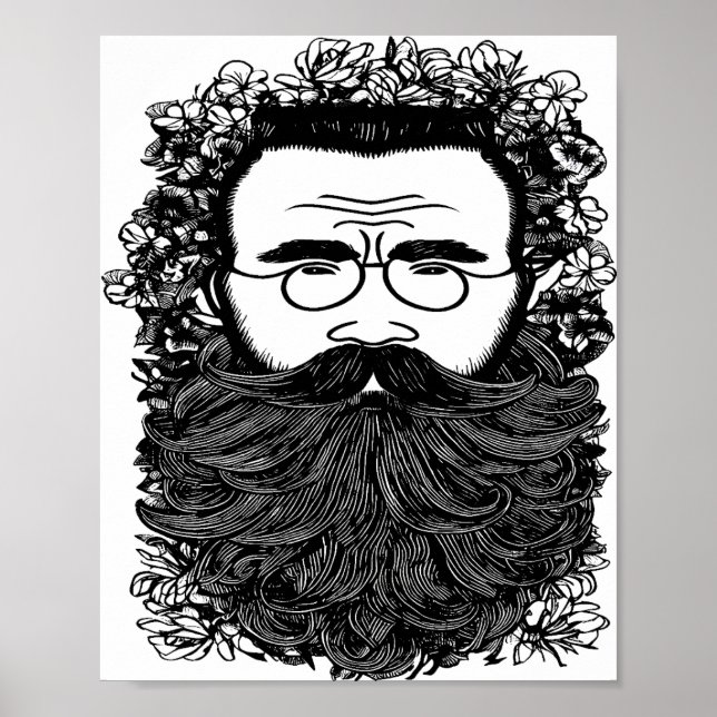 Affiche Homme Whimsical Beard Mustache Fleurs Art (Devant)