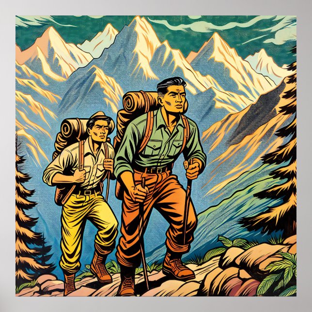 Affiche Hommes faisant du backpacking sur un sentier de ra (Devant)