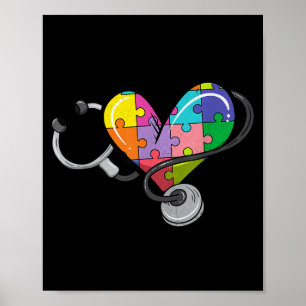 Affiche Hommes femmes stéthoscope autisme cœur puzzle colo
