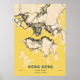 Affiche Hong Kong - Carte de la ville jaune Hong Kong
