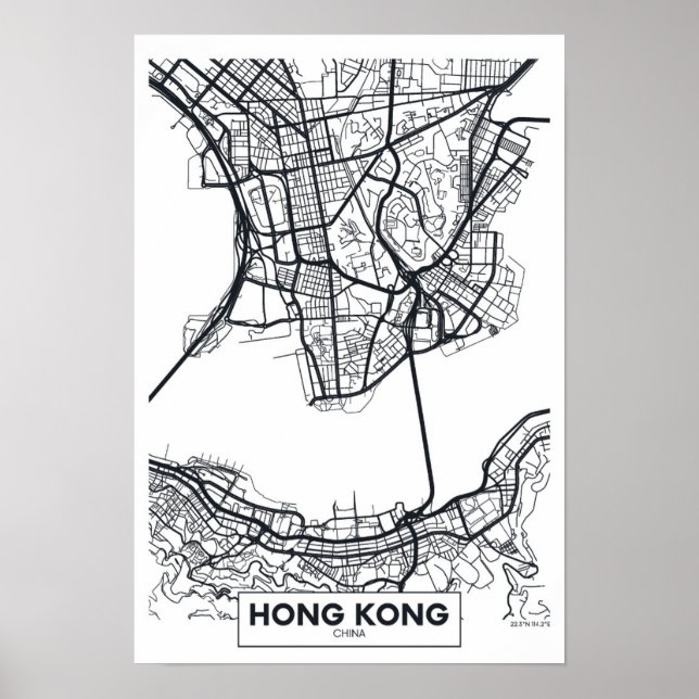 Affiche Hong Kong, Chine | Carte de la ville noire et blan (Devant)