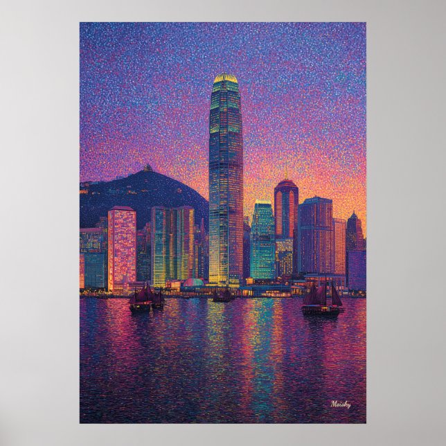 Affiche Hong Kong Skyline Pointillism Sunset Cityscape (Devant)