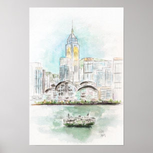 Affiche Hong Kong Victoria Harbour 1 encre et aquarelle