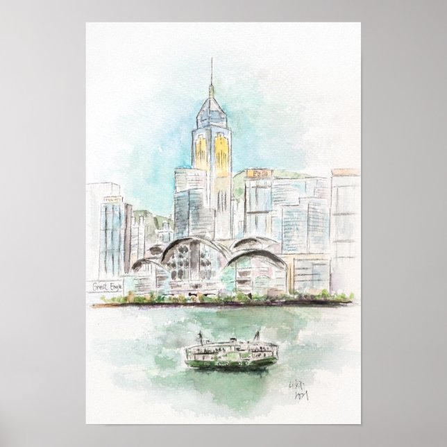 Affiche Hong Kong Victoria Harbour 1 encre et aquarelle (Devant)