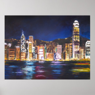Affiche Hong Kong Vitoria Harbor night view oil painting