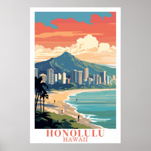 Affiche Honolulu Hawaï Art de Voyage Vintage Plage de Waik
