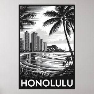 Affiche Honolulu Hawaï Skyline Noir Blanc Gravure sur Bois