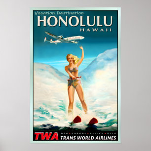 Affiche HONOLULU Hawaï TWA Trans World Airlines Pacifique
