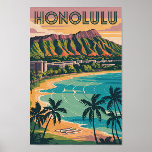 Affiche Honolulu Hawaii Illustration Voyage Art Vintage