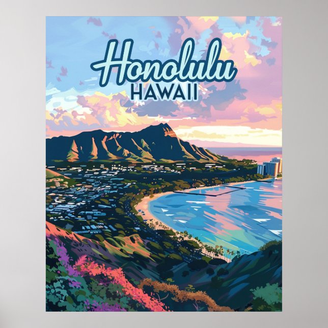 Affiche Honolulu Hawaii Oahu Waikiki Beach Diamondhead (Devant)