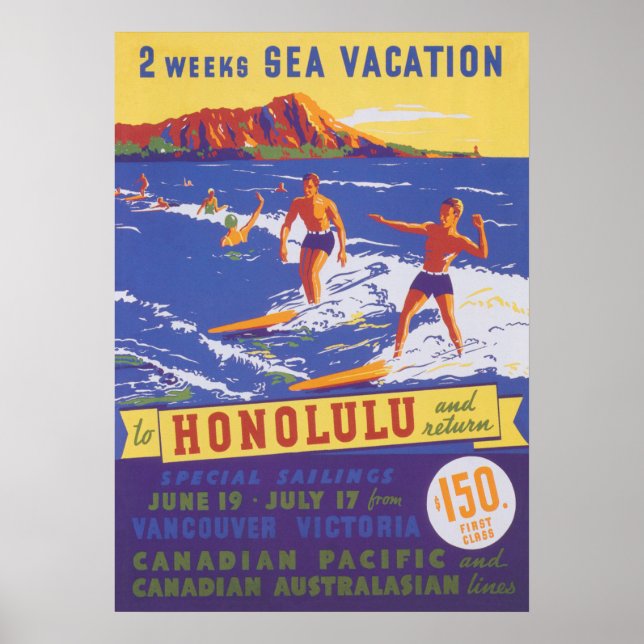 Affiche Honolulu Hawaii Vintage voyage (Devant)