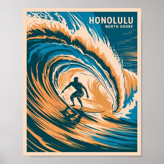 Affiche Honolulu North Shore Retro Surfing Hawaii Waves (Devant)