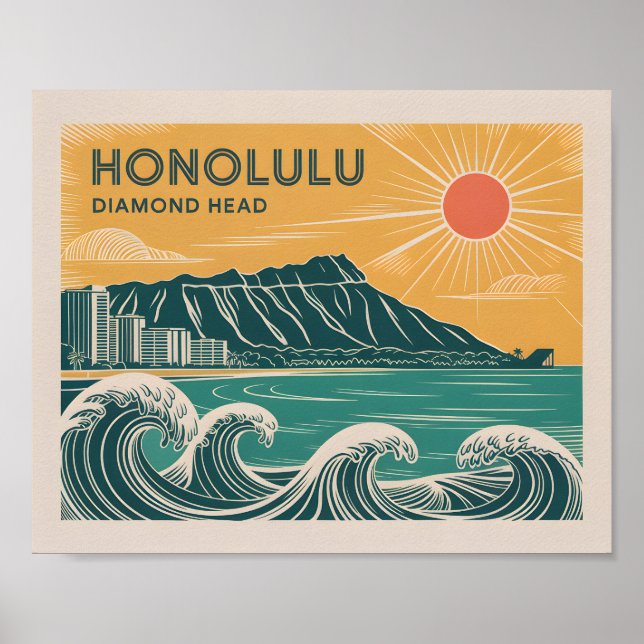 Affiche Honolulu Oahu Diamond Head Retro Style Mi-Siècle (Devant)