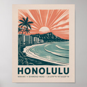 Affiche Honolulu Waikiki Diamond Head Voyage Rétro Scéniqu
