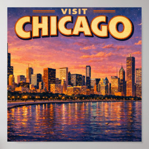 Affiche horizon de Chicago et lac Michigan au crépuscule