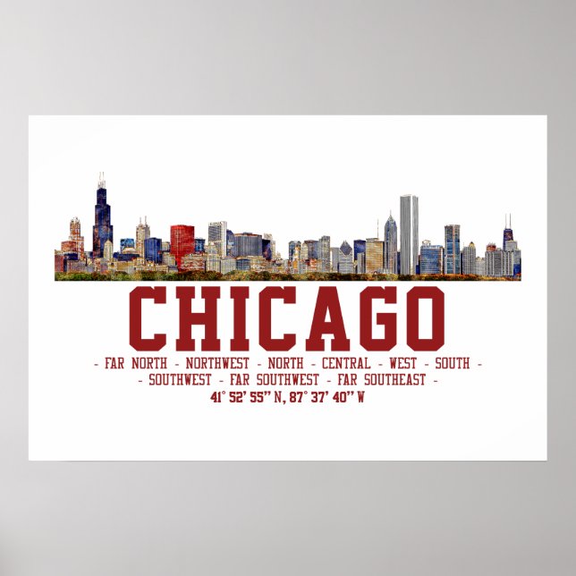 Affiche Horizon de Chicago.  Noms de zones et coordonnées (Devant)